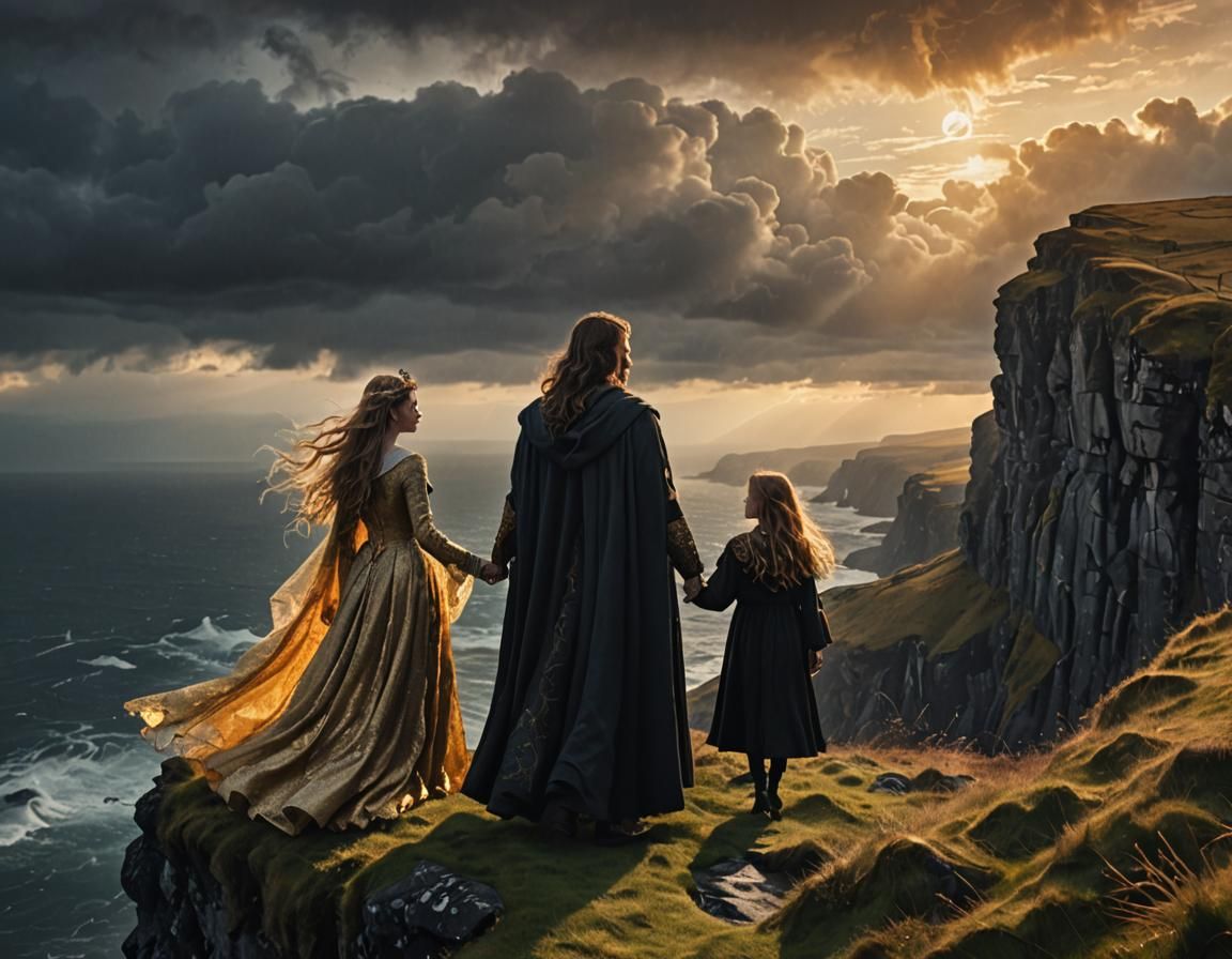King and Witch in Love on Irish Cliff