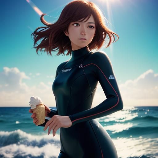 Anime Surfer on Pier at Golden Hour