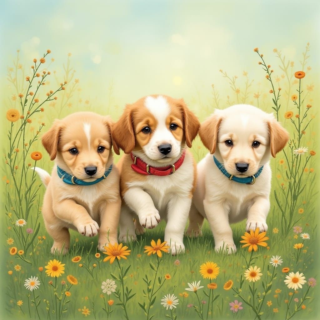 Three Puppies Play in Wildflower Meadow