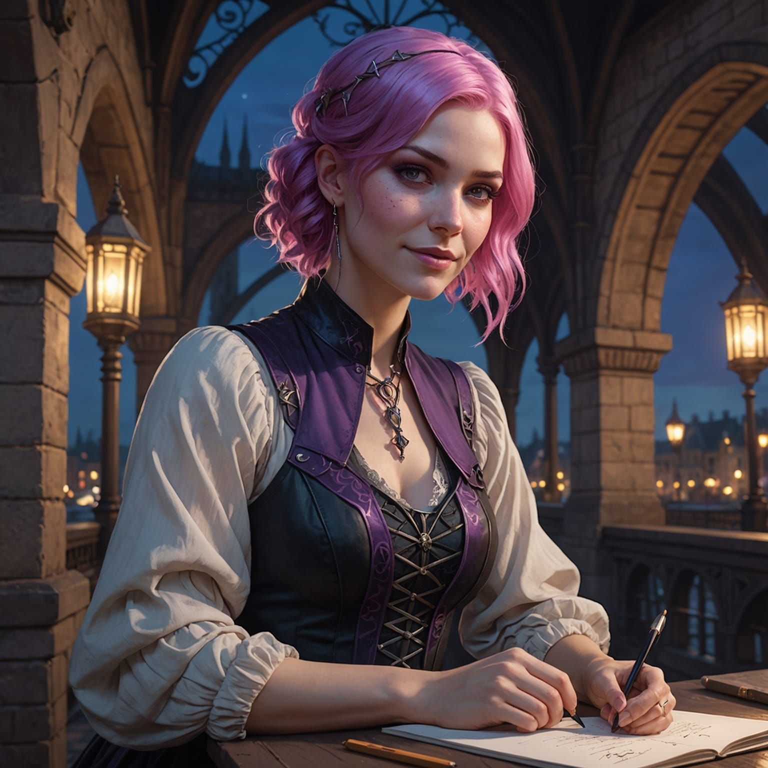 Pink-Haired Woman Writing Under Gothic Bridge