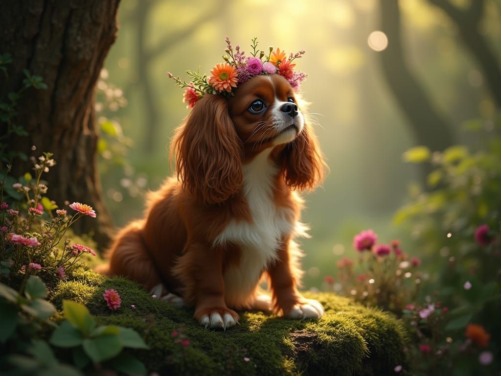Regal Cavalier King Charles Spaniel in Wildflower Crown, Pre...