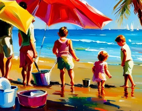 Vibrant Beach Scene in Impressionist Style