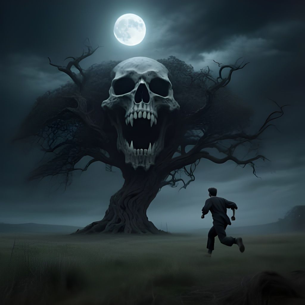 Dark Fantasy Landscape with Skull Tree Under Full Moon