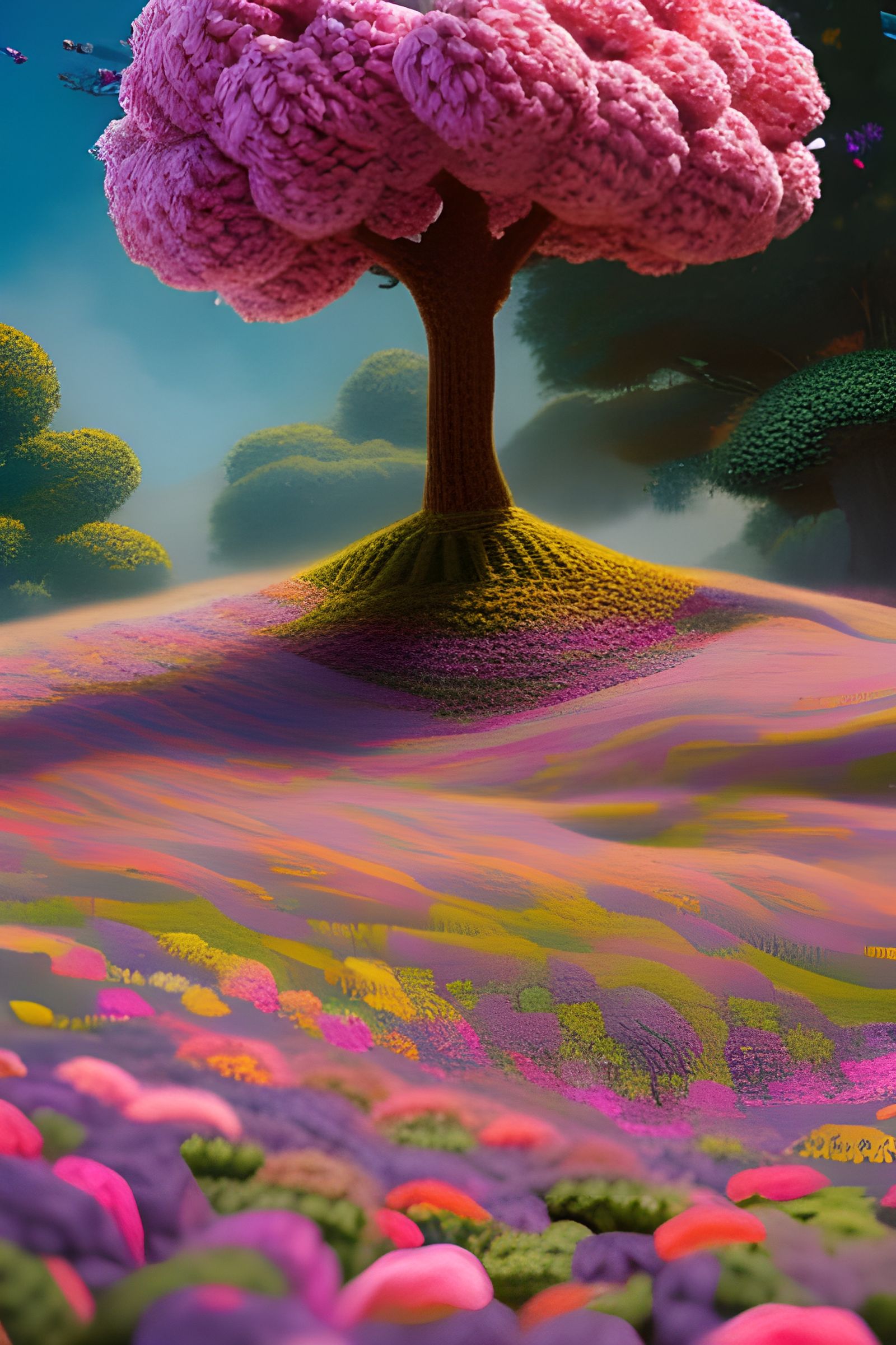 Crochet Tree and Knitted Flowers Digital Painting