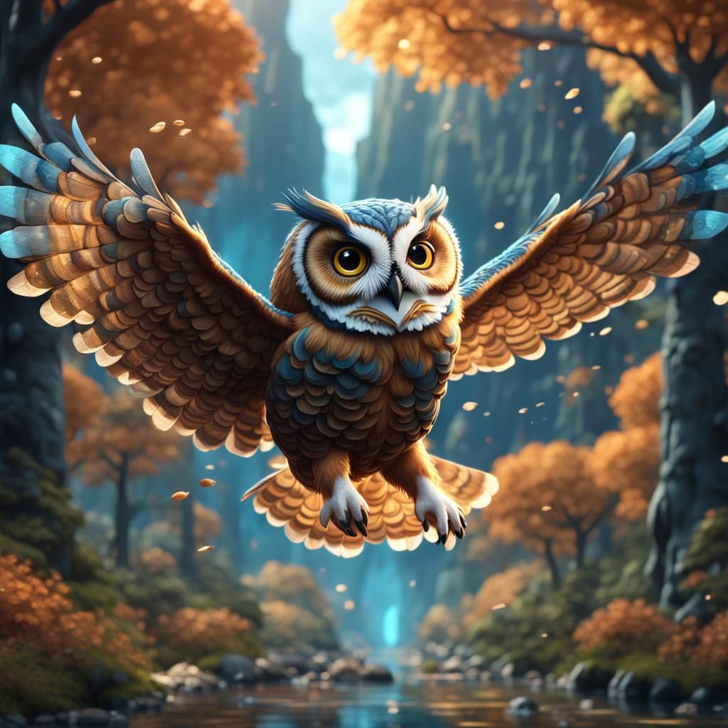 Cute Owl Flying in Detailed Matte Painting