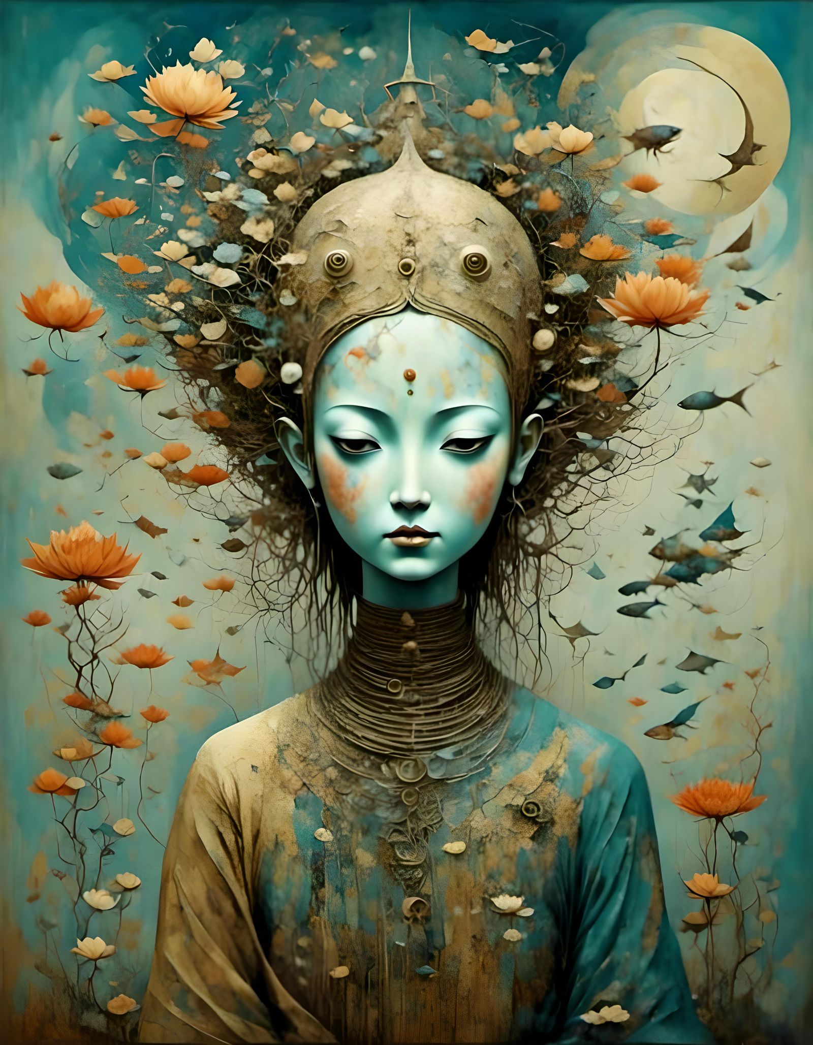 Steampunk Buddha Robot with Lotus Flowers and Sushi