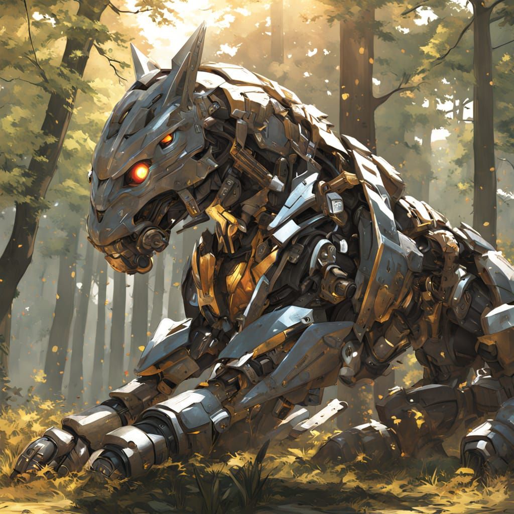 Mecha in Lush Forest, Anime Style with Bokeh