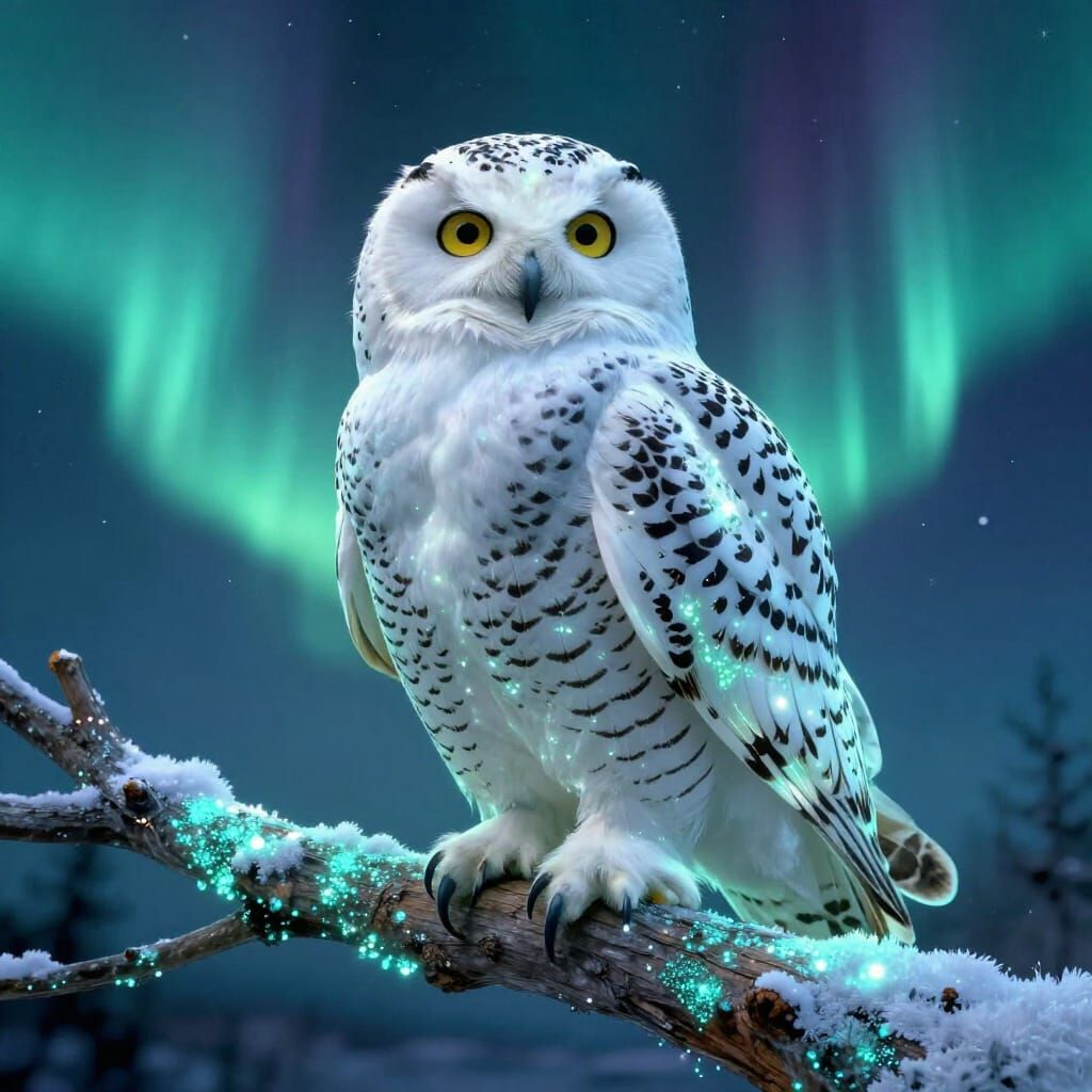 Snowy Owl with Aurora Scales in Semi-Realist Style