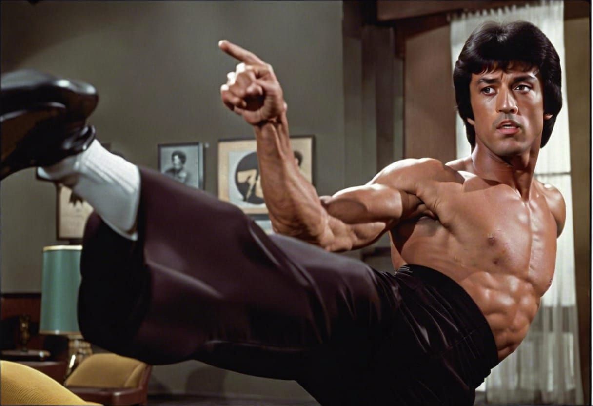 Sylvester Stallone Kicking in Bruce Lee Style