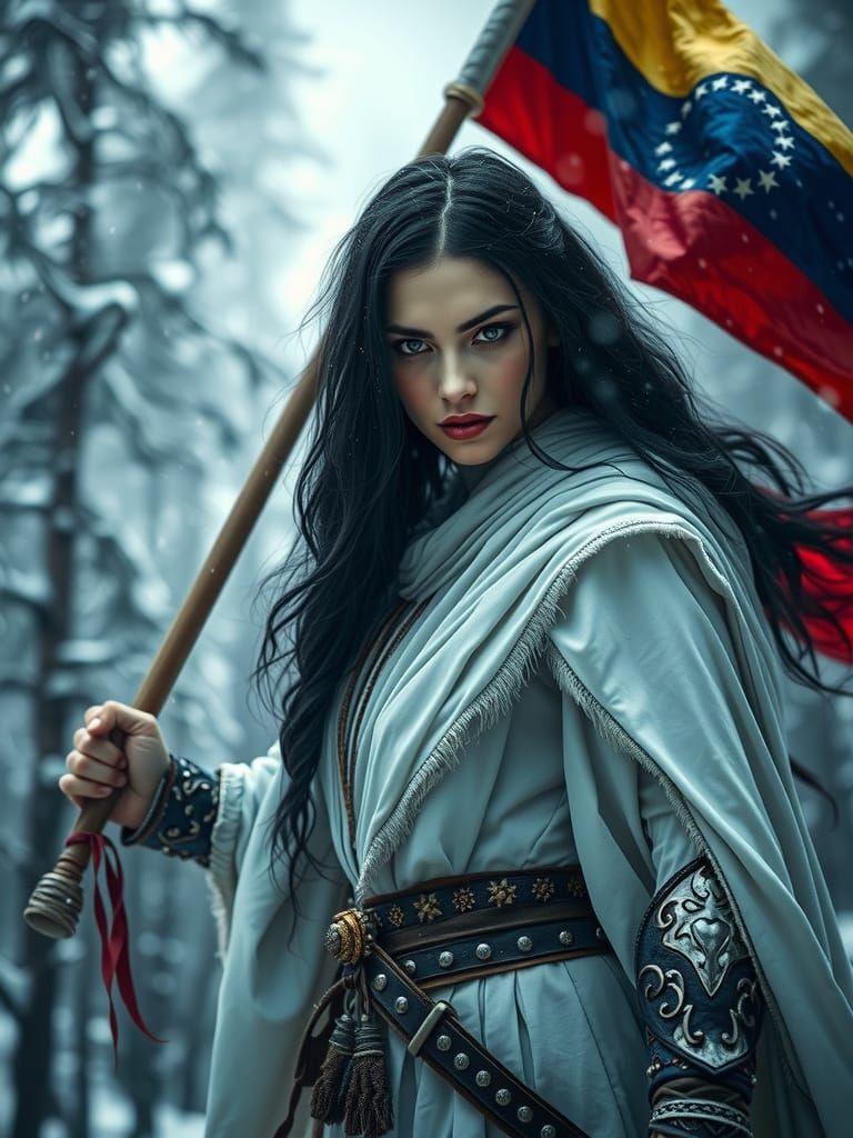 Venezuelan Woman Warrior in Snowy Forest, Hyperrealistic Sty...