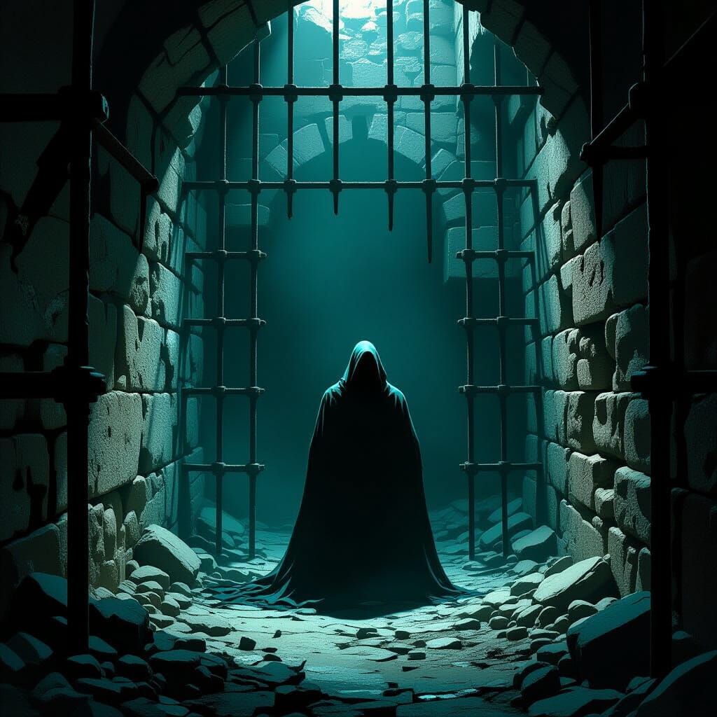 Mysterious Figure in Dimly Lit Oubliette