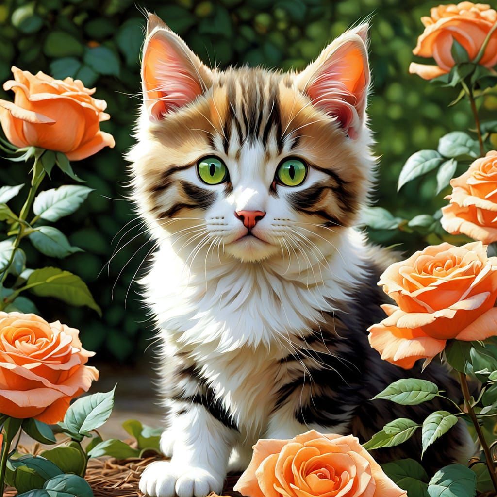 Whimsical Kitten Amidst Vibrant Roses in a Dreamlike Garden