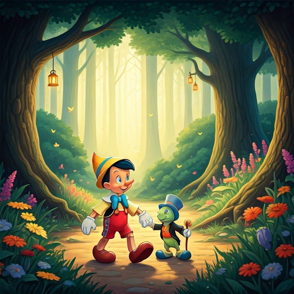 Whimsical Woodland Adventure with Pinocchio and Jiminy Crick...