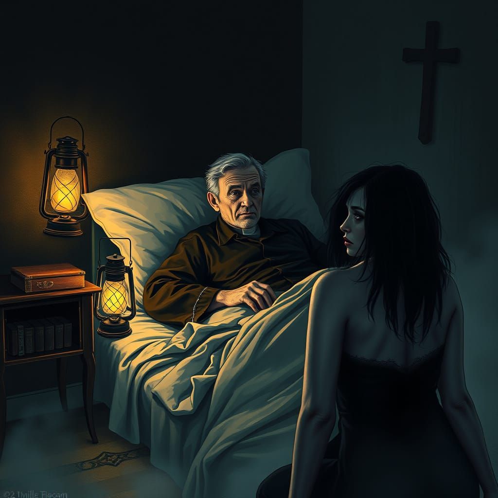 Priest Confronted by Dark Entity in Muted Dark Fantasy Style