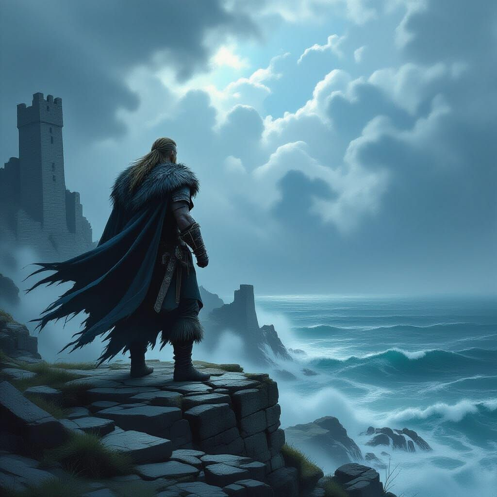 Viking Chief on Ruins Overlooking Stormy Sea