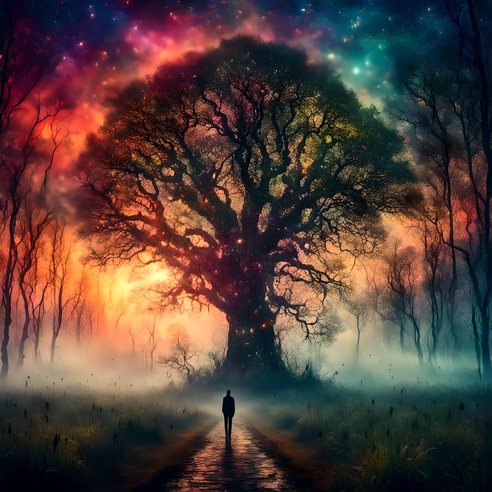 Mosaic Dreamscape: Forest and Mind Double Exposure