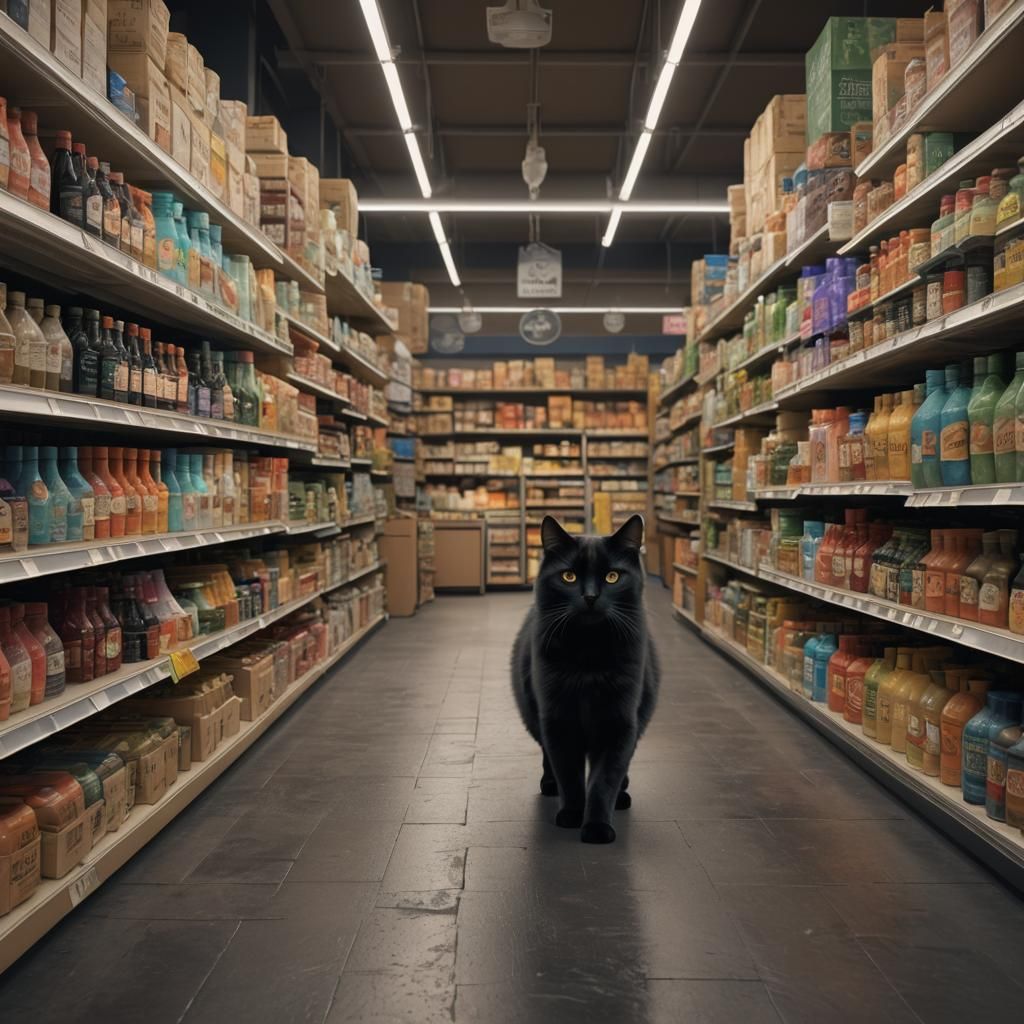 Fluffy Black Cat in Grocery Store Aisle