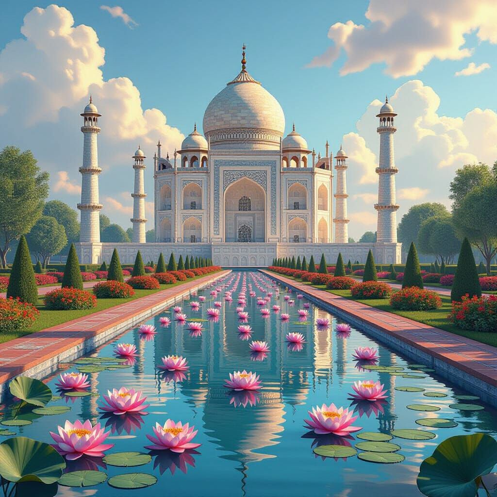 Cybertronic Hindu Palace with Lotus Pond in Anime CGI