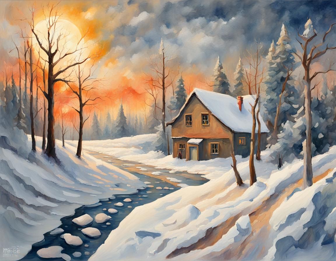 Winter Solstice Symbolism in Gouache Impressionist Style