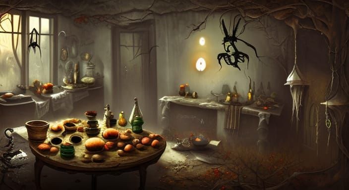 Spooky_Zombiefaced pots and pans cooking by temselves_steaming kitchen blade_ spooky witches table, Halloween, horror, f...