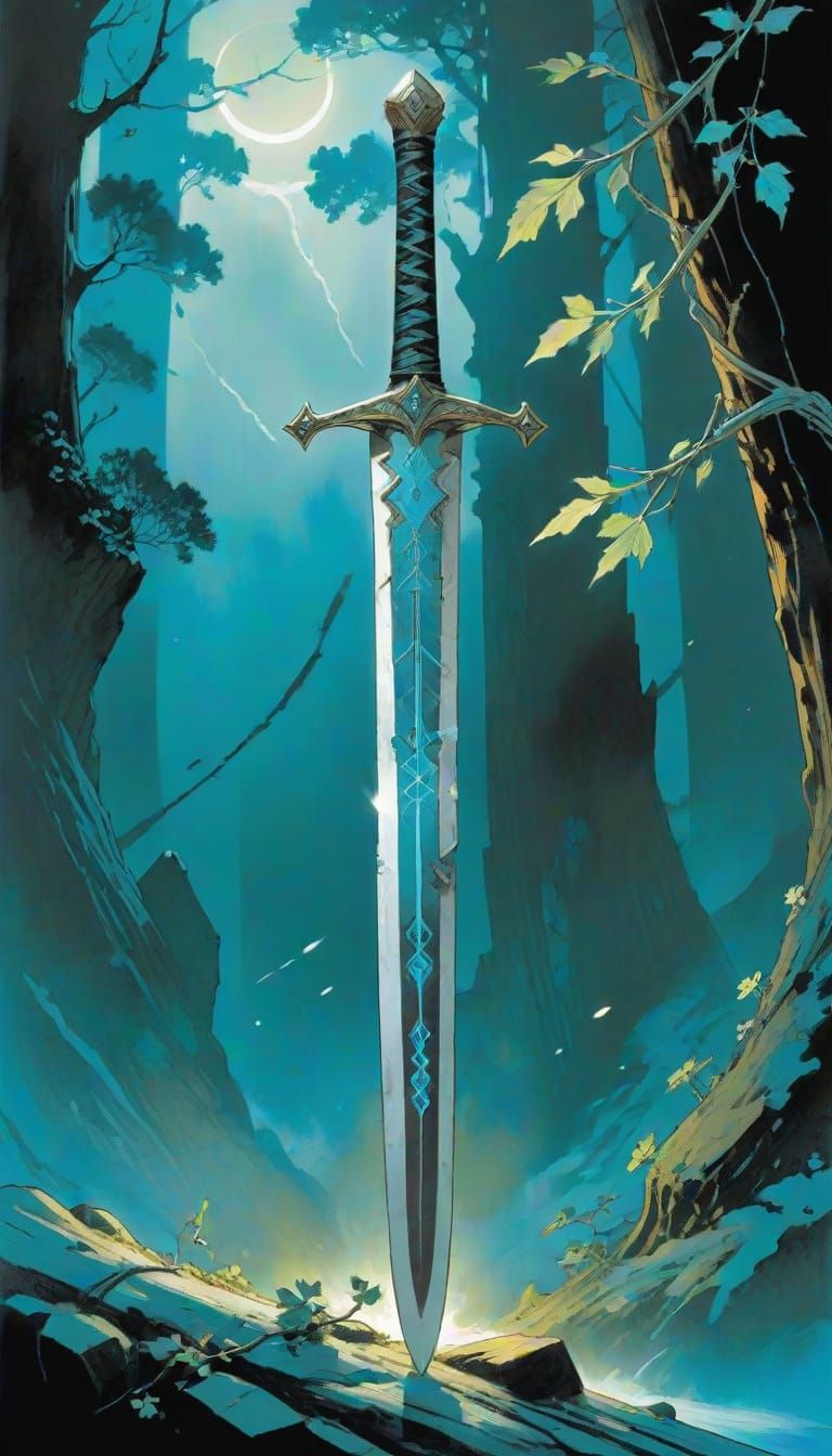 Mystical Norrøn Longsword Suspended in Air with Cyan Glowing...