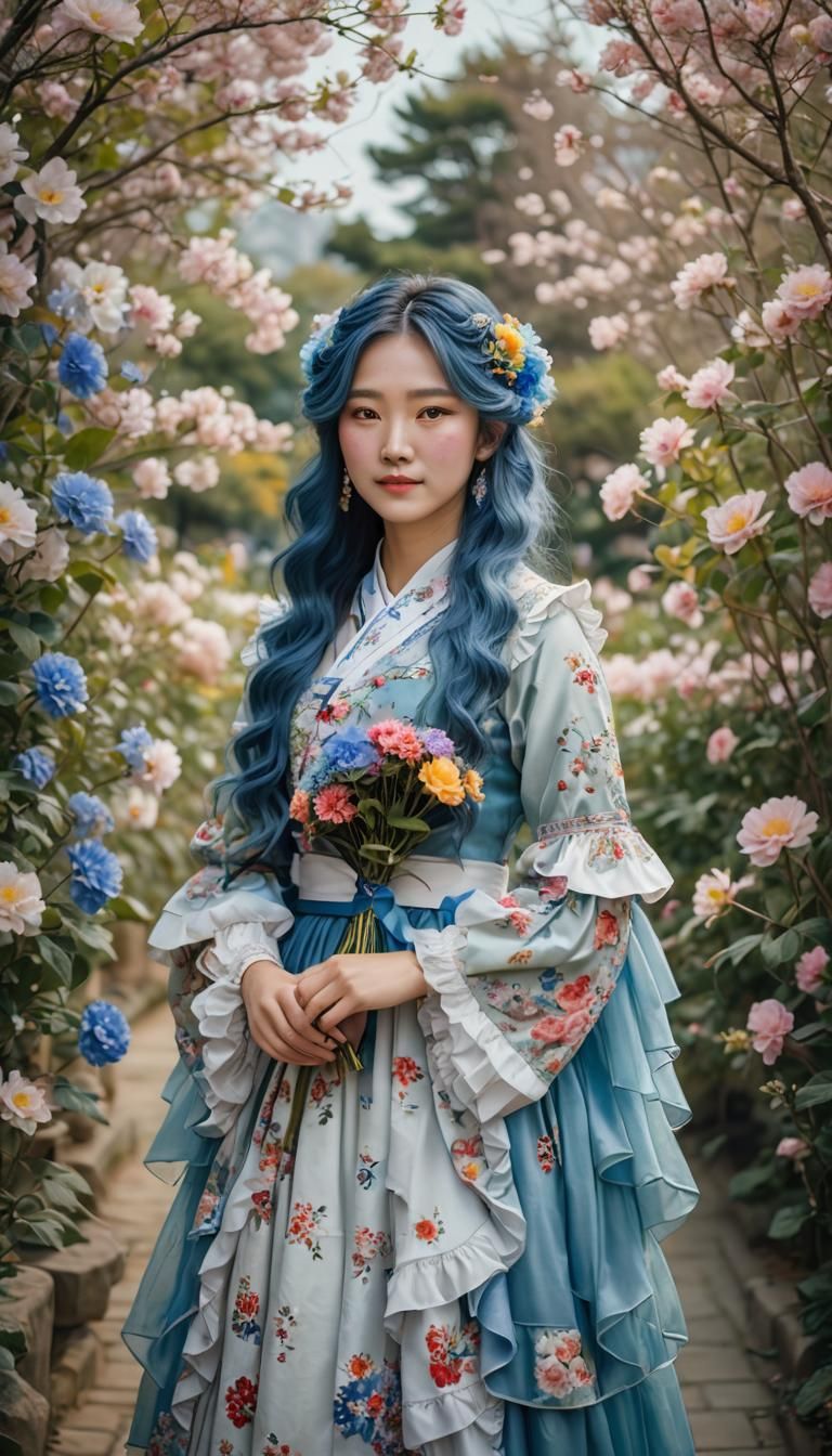 Korean Girl Portrait in Flowery Garden