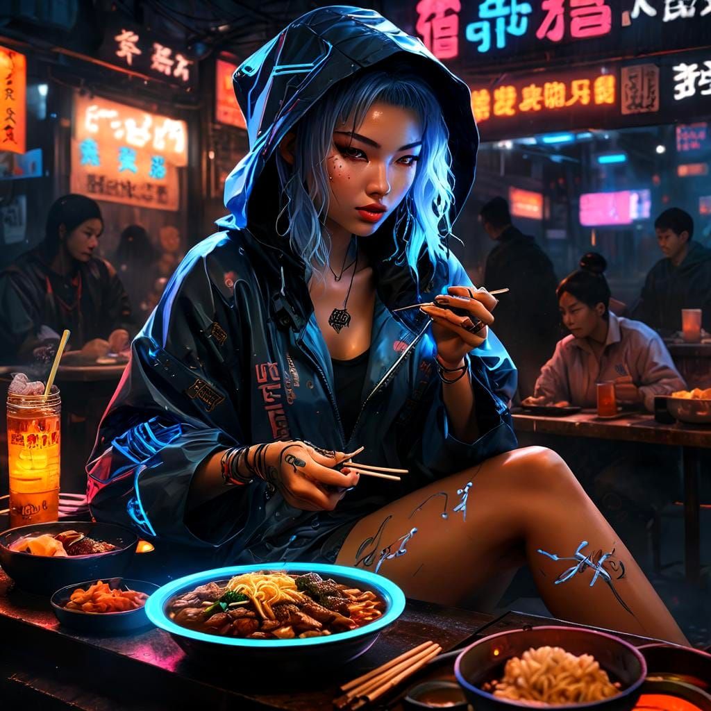 Cyberpunk Beauty Bites into a Bowl of Neon Ramen