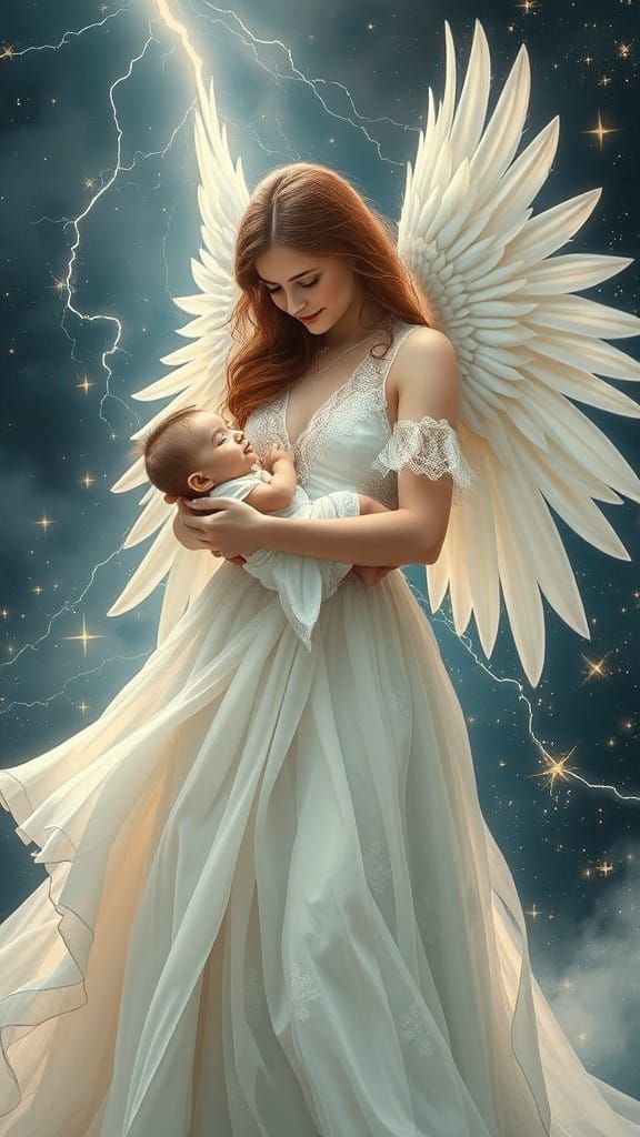 Ethereal Mother and Child with White Wings Amidst Celestial...