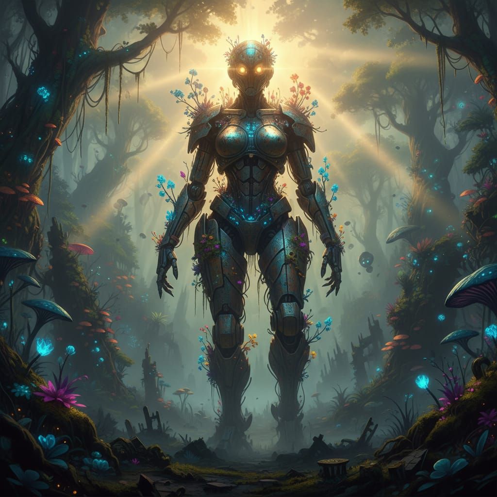 Ancient Mech Lady Overgrown in Alien Jungle