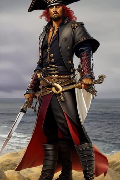 Fierce Pirate Captain Portrait on Stormy Sea