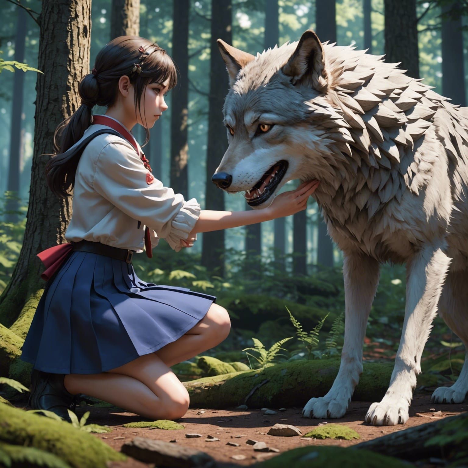 Anime Girl Comforting Wolf in Forest: 3D Anime Art