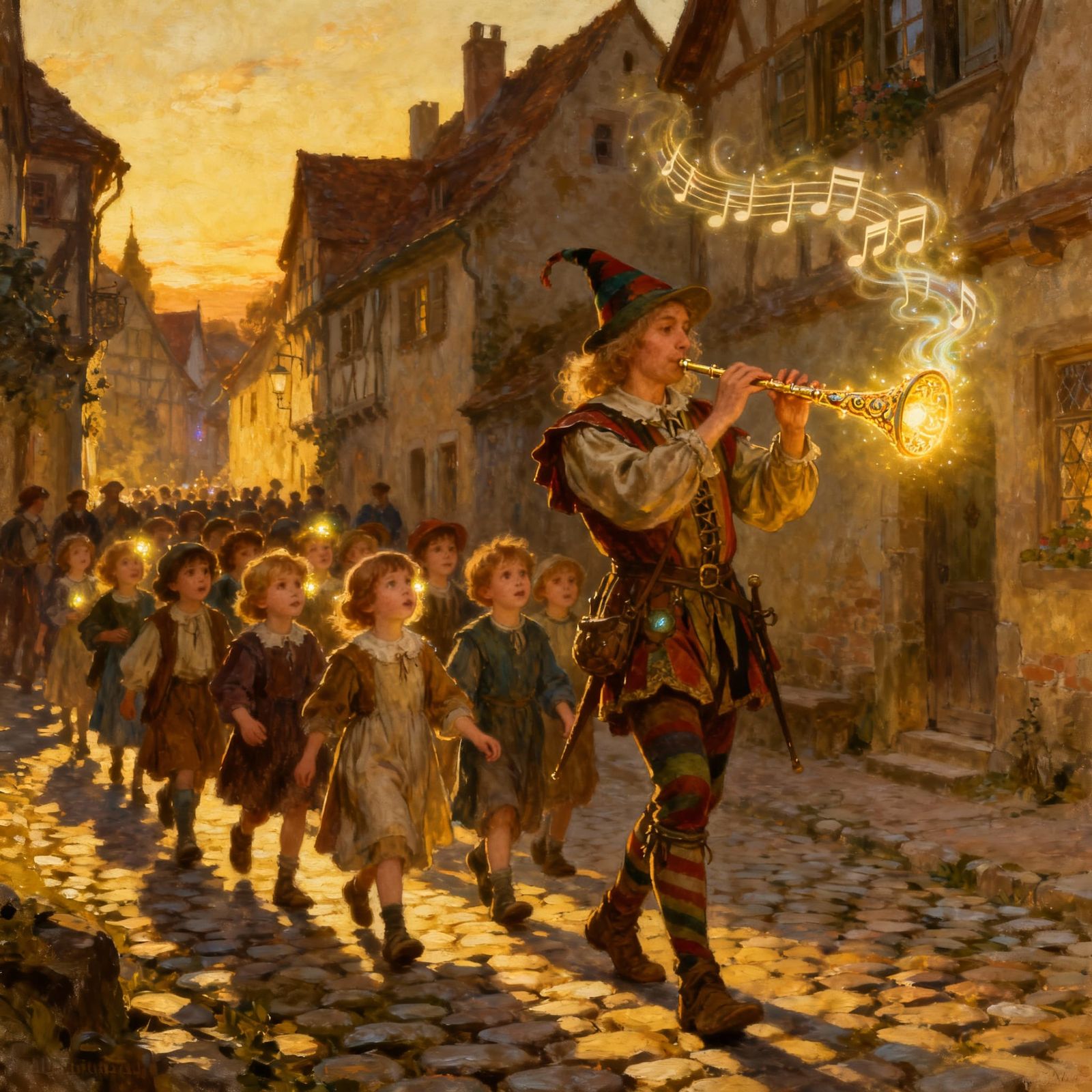 Pied Piper Leads Captivated Children Through Village in Oil ...