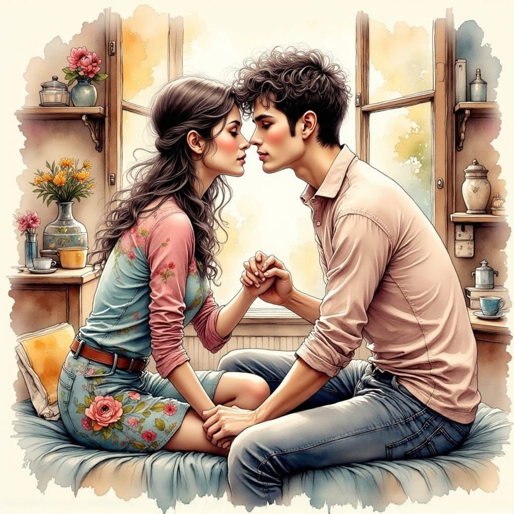 Parisian Morning: A Couple's Ink-Style Stroll