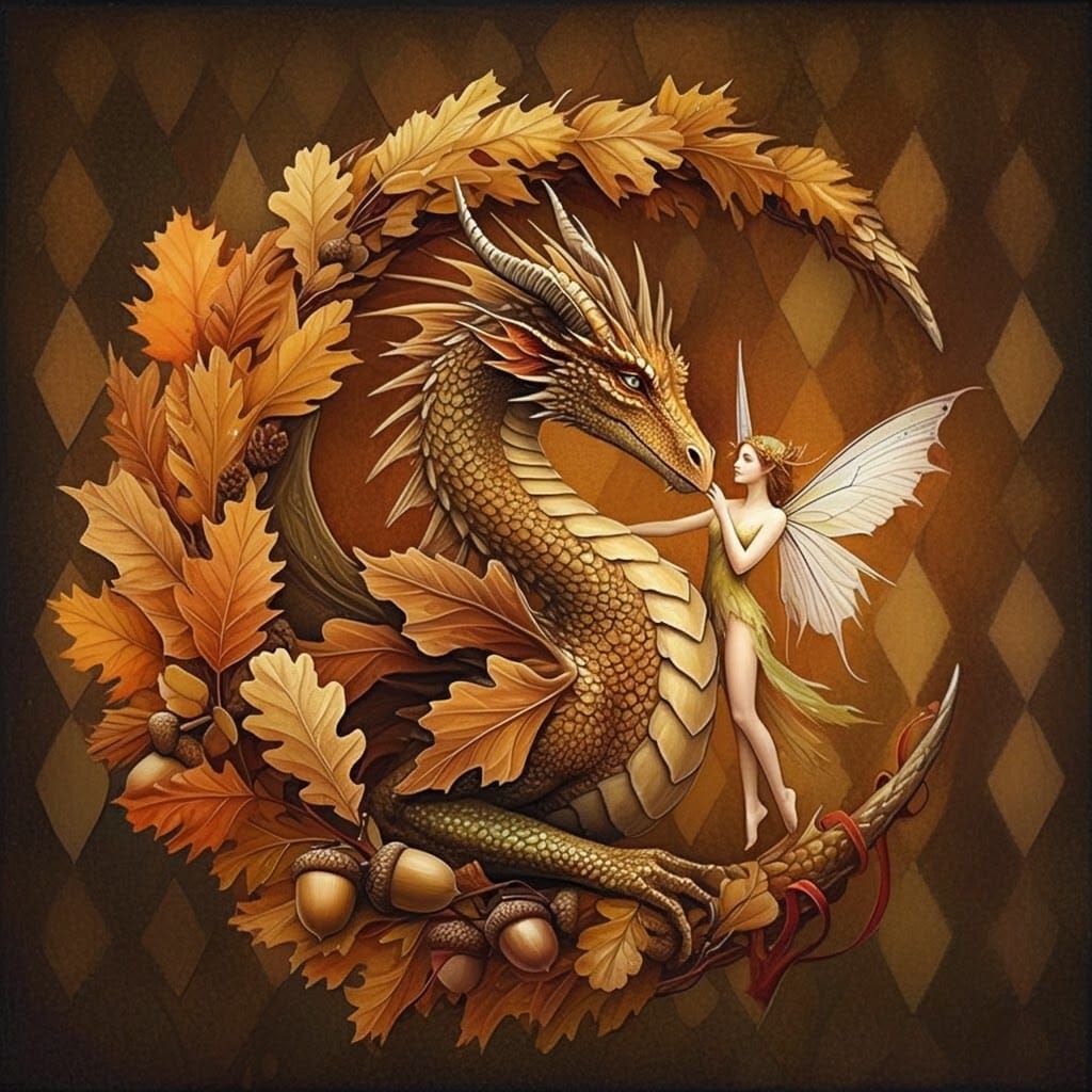 Dragon and Fairy in Autumnal Wreath