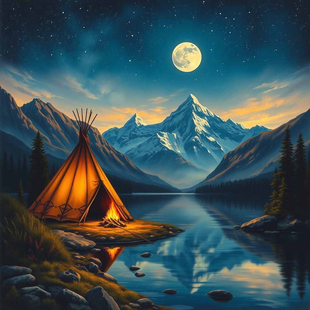 Dreamy Twilight Landscape with Native American Tipi