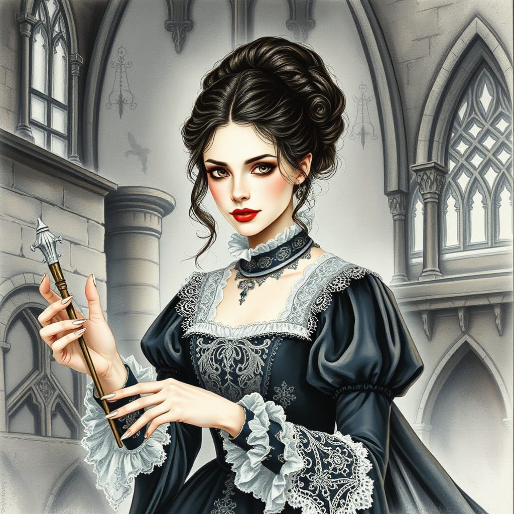 Monochrome Vampire in Gothic Castle, Watercolor Painting