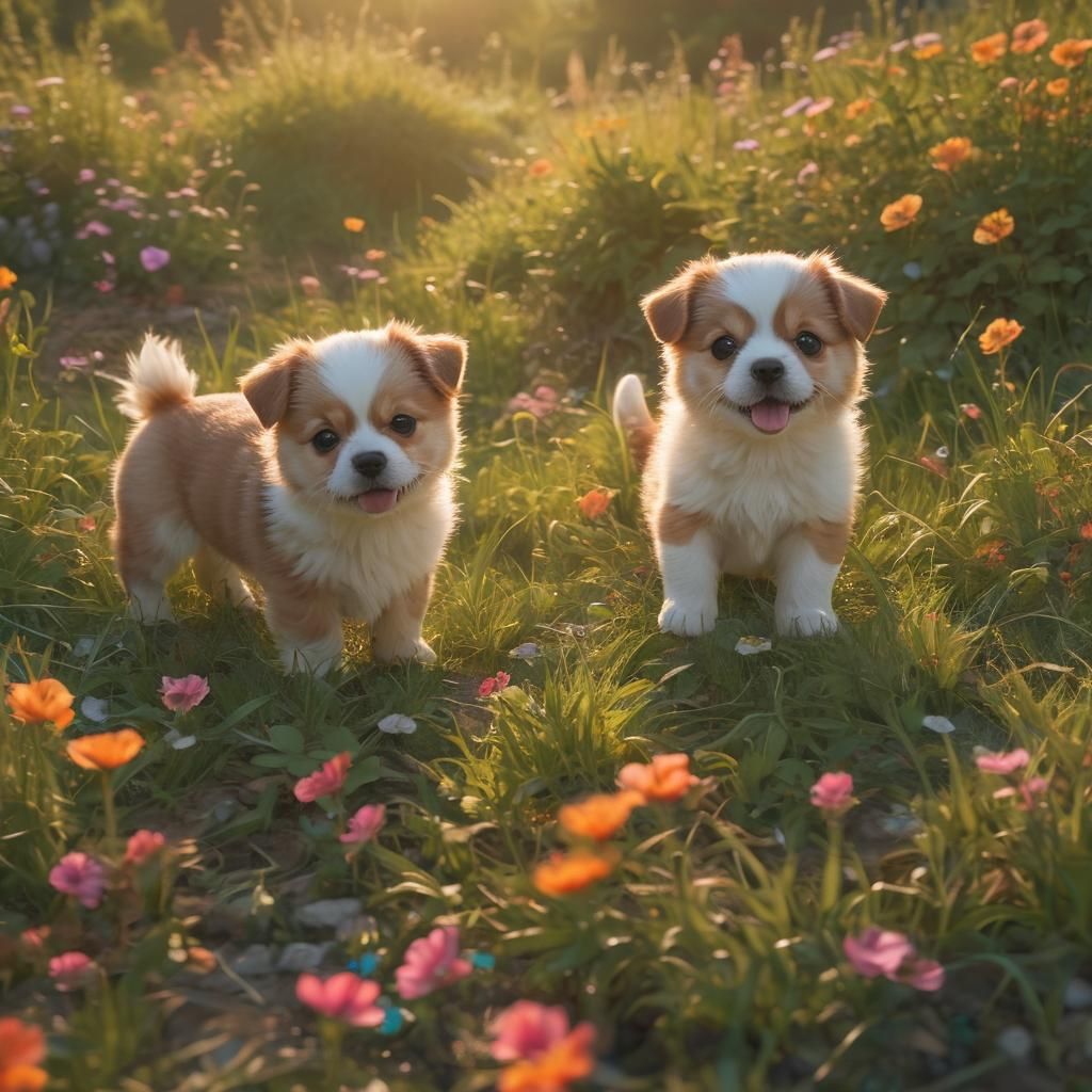 Playful Chibi Puppies in Lush Meadow, Oil Painting