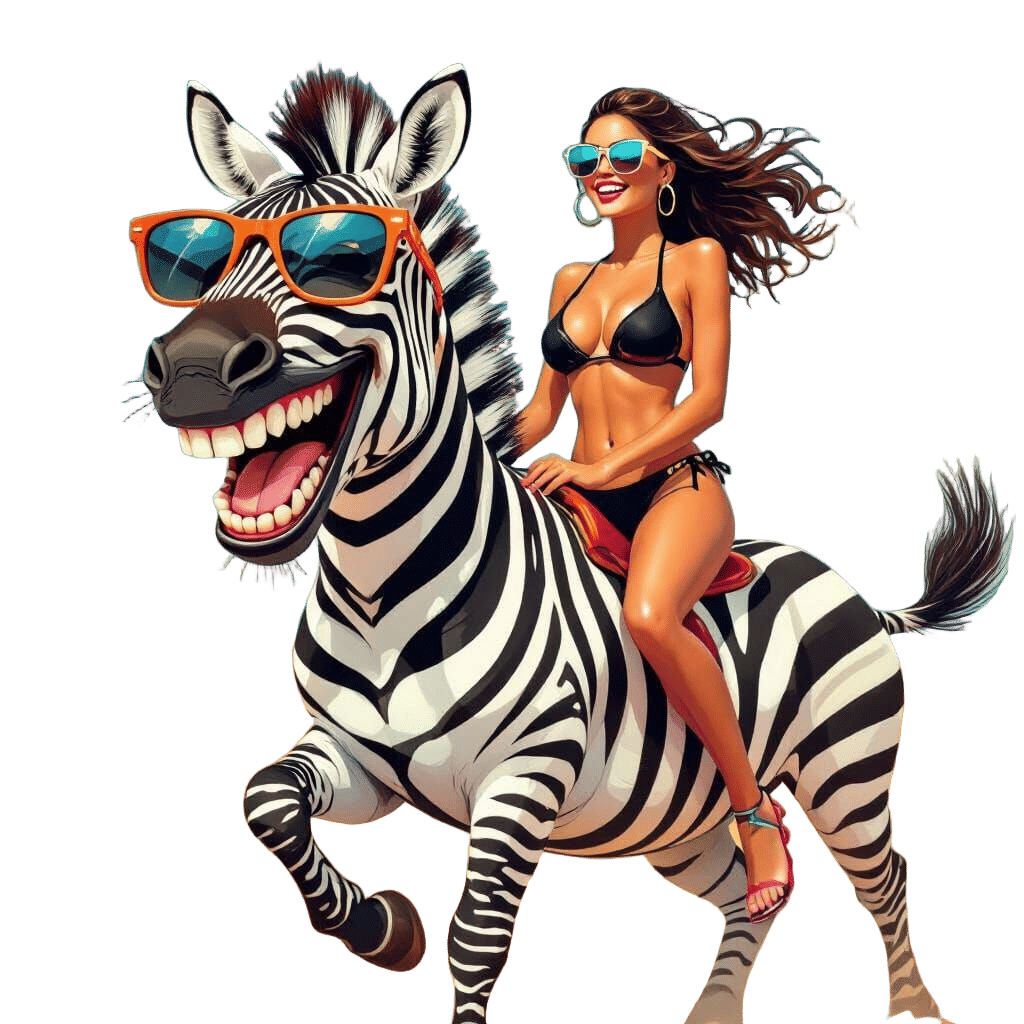 Racing Zebra with Smiling Face and Bikini Model