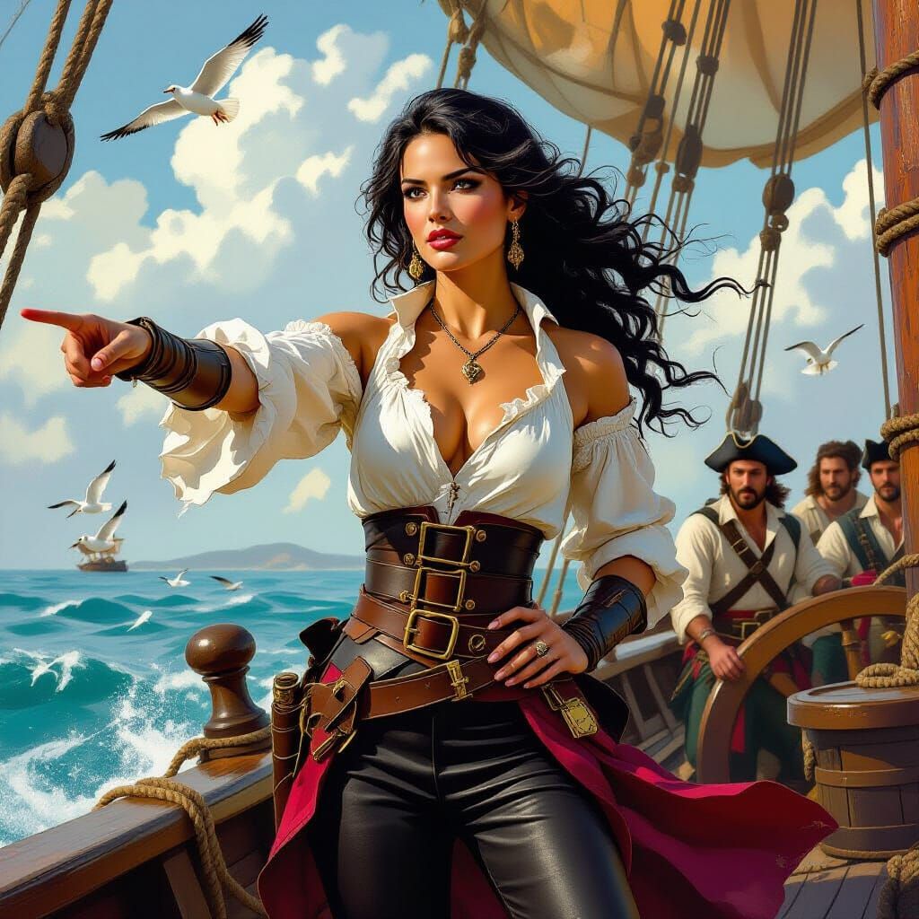 Pirate Captain Directs Crew on Ship Deck