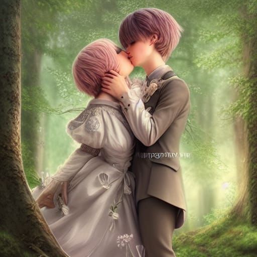 Gay Princes Kissing in Forest: Digital Illustration