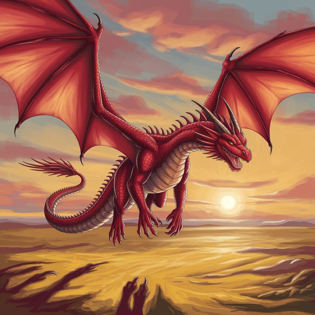 Red Dragon Soaring Through Sunset Sky