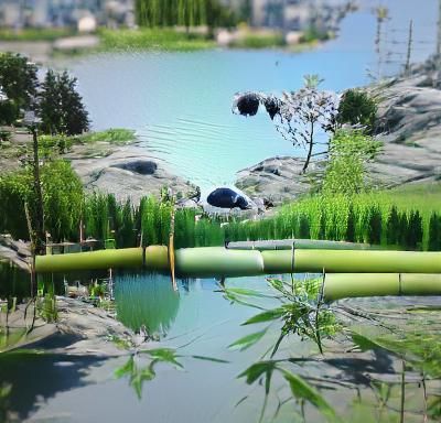 Hyperrealistic Landscape with Panda, Horses, and Birds