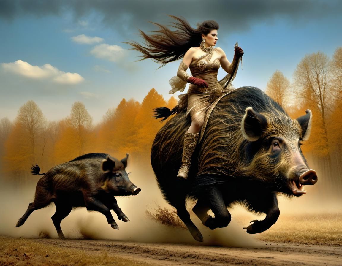 Monstrous Boar Running in Winter Forest