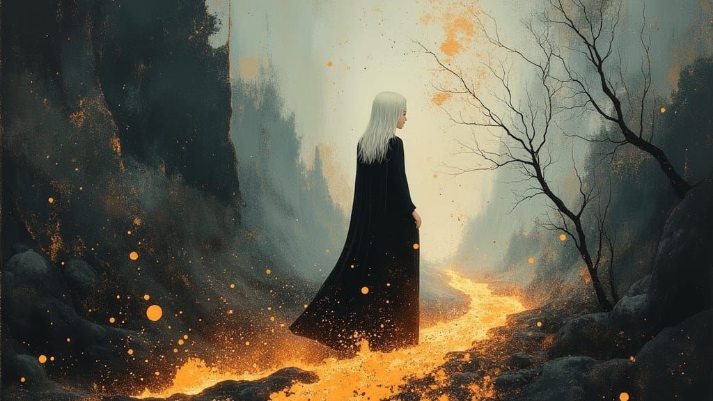 Ethereal Woman Ignites Ashes in Dreamscape