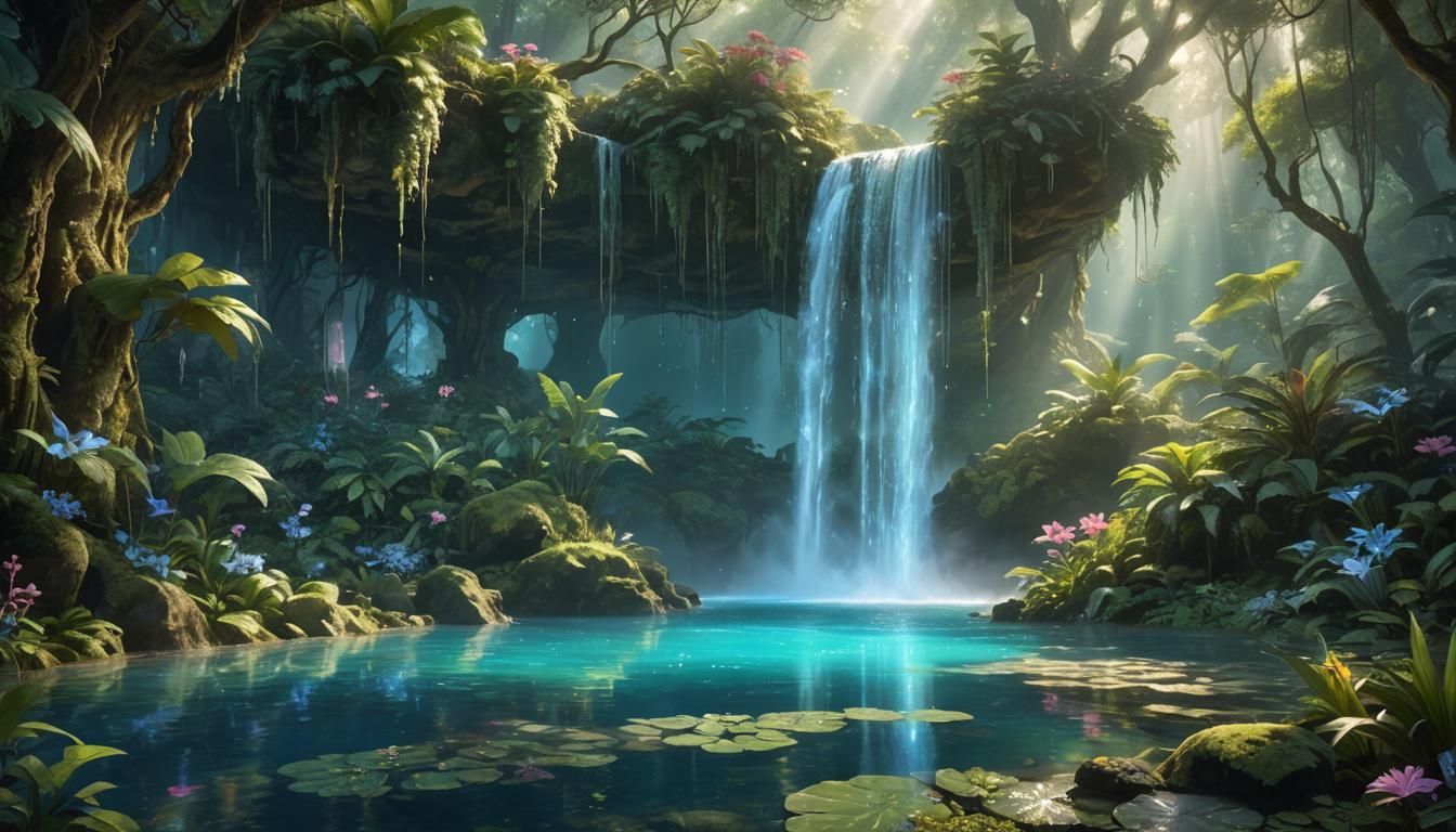 A hidden waterfall deep within an ancient forest, where the water cascades down from an immense height into a crystal-cl...