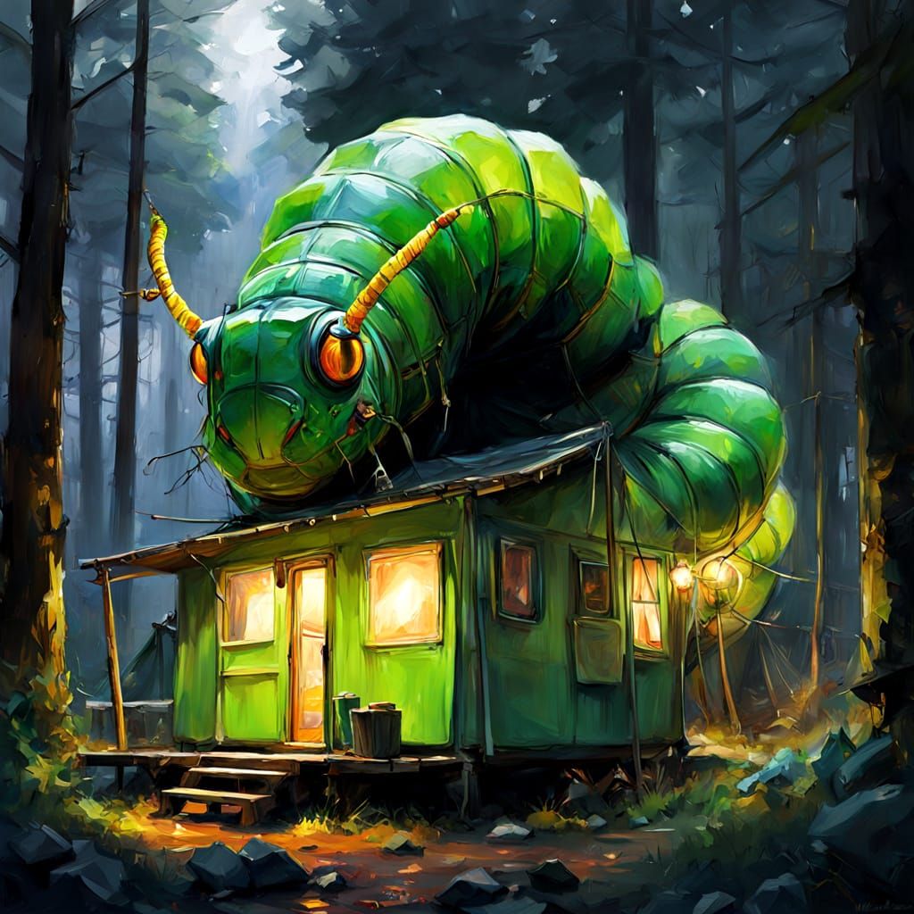 Neon Caterpillar at Campsite, Digital Oil Painting
