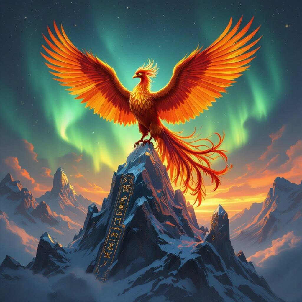 Golden Phoenix on Crystal Peak Under Aurora