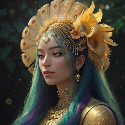 Golden Woman with Peacock Hair in Dream Garden