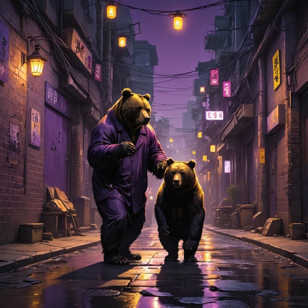 Eerie North Korean Alleyway: Dark Fantasy Bear
