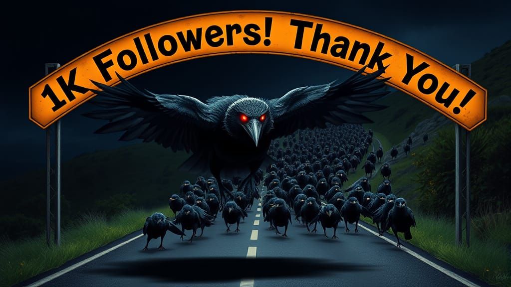 Giant Raven Leads Flock Under Thank You Sign